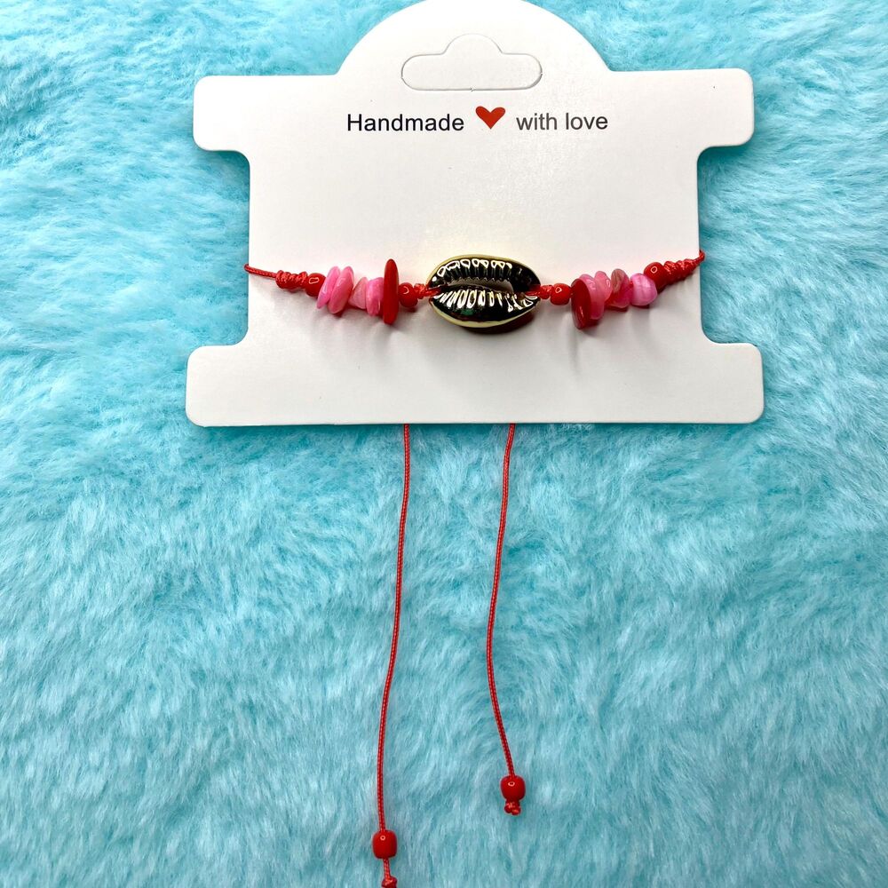Red Cowrie Shell Beaded Bracelet Handmade Adjustable Beach Jewelry